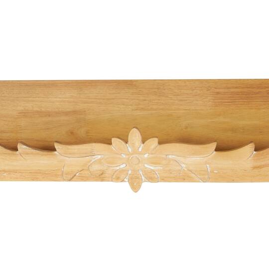 30" Light Brown Wooden Floral Room Wall Shelf with Carved Scroll Lip
